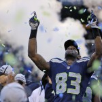 Seattle Seahawks' Ricardo Lockette celebrates after during overtime of the NFL football NFC Championship game against the Green Bay Packers Sunday, Jan. 18, 2015, in Seattle. The Seahawks won 28-22 to advance to Super Bowl XLIX. (AP Photo/Ted S. Warren)