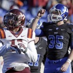 Duke kicker Ross Martin (35) and Virginia Tech's Kendall Fuller watch Martin's missed field-goal attempt during the second half of an NCAA college football game in Durham, N.C., Saturday, Nov. 15, 2014. Virginia Tech won 17-16. (AP Photo/Gerry Broome)