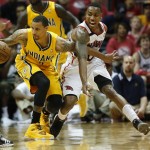  Indiana Pacers guard George Hill (3) is guarded by Atlanta Hawks guard Jeff Teague (0) in the second half of Game 6 of a first-round NBA basketball playoff series in Atlanta, Thursday, May 1, 2014. Indiana won 95-88. (AP Photo/John Bazemore)