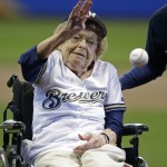 Gladys Holbrook, 102, throws out a ceremonial first pitch before the Arizona Diamondbacks and the Milwaukee Brewer baseball game Sunday, May 31, 2015, in Milwaukee. (AP Photo/Jeffrey Phelps)