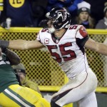 Atlanta Falcons' Paul Worrilow (55) breaks up a pass intended for Green Bay Packers' Eddie Lacy during the second half of an NFL football game Monday, Dec. 8, 2014, in Green Bay, Wis. (AP Photo/Morry Gash)