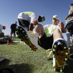 Green Bay Packers' Jordy Nelson laces up his cleats during a practice session at Luke Air Force Base for the NFL Football Pro Bowl Thursday, Jan. 22, 2015, in Glendale, Ariz. (AP Photo/David J. Phillip)