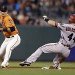 San Francisco Giants' Joe Panik, left, prepares his throw to first base over Arizona Diamondbacks' Paul Goldschmidt (44) to complete a double play in the fifth inning of a baseball game Friday, June 12, 2015, in San Francisco. Arizona's Yasmany Tomas was out at first. (AP Photo/Ben Margot)
