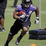 Baltimore Ravens running back Ray Rice runs a drill during a training camp practice, Friday, July 25, 2014, at the team's practice facility in Owings Mills, Md. Rice received a two-game suspension from the NFL on Thursday following his offseason arrest for domestic violence. (AP Photo)