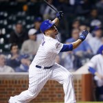  Chicago Cubs' Welington Castillo connects on a RBI single against the Arizona Diamondbacks during the second inning of a baseball game on Monday, April 21, 2014, in Chicago. (AP Photo/Andrew A. Nelles)