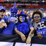 Duke fans react before the NCAA Final Four college basketball tournament championship game between Wisconsin and Duke Monday, April 6, 2015, in Indianapolis. (AP Photo/Michael Conroy)