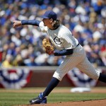 Chicago Cubs starting pitcher Jeff Samardzija delivers against the Arizona Diamondbacks during the first inning of a baseball game at Wrigley Field in Chicago on Wednesday, April 23, 2014. (AP Photo/Andrew A. Nelles)