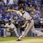 San Francisco Giants pitcher Jake Peavy throws during the first inning of Game 6 of baseball's World Series against the Kansas City Royals Tuesday, Oct. 28, 2014, in Kansas City, Mo. (AP Photo/David J. Phillip)