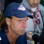 National Baseball Hall of Fame electee Randy Johnson talks with members of the media during a news conference on Saturday, July 25, 2015, in Cooperstown, N.Y. Johnson will be inducted to the hall on Sunday. (AP Photo/Mike Groll)
