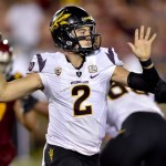 Arizona State quarterback Mike Bercovici looks for a receiver during the second half of an NCAA college football game against Southern California, Saturday, Oct. 4, 2014, in Los Angeles. Arizona State won 38-34. (AP Photo/Gus Ruelas)