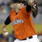 Miami Marlins starting pitcher Tom Koehler throws in the first inning during a baseball game against the Arizona Diamondbacks, Sunday, Aug. 17, 2014, in Miami. (AP Photo/Lynne Sladky)