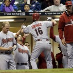  Arizona Diamondbacks' Chris Owings is congratulated after hitting a home run during the sixth inning of a baseball game against the Milwaukee Brewers, Tuesday, May 6, 2014, in Milwaukee. (AP Photo/Morry Gash)