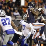 Chicago Bears tight end Martellus Bennett (83) makes a touchdown catch during the first half of an NFL football game against the Dallas Cowboys Thursday, Dec. 4, 2014, in Chicago. (AP Photo/Nam Y. Huh)