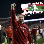 Former Rutgers assistant football coach, now Indiana assistant athletic director Mark Deal celebrates an Indiana touchdown during the first half of an NCAA college football game against Rutgers Saturday, Nov. 15, 2014, in Piscataway, N.J. (AP Photo/Mel Evans)