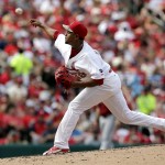 St. Louis Cardinals starting pitcher Carlos Martinez throws during the fourth inning of a baseball game against the Arizona Diamondbacks, Monday, May 25, 2015, in St. Louis. (AP Photo/Jeff Roberson)