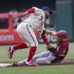 Arizona Diamondbacks' Ender Inciarte steals second with March Trumbo at bat before Philadelphia Phillies shortstop Andres Blanco can make the tag in the third inning of a baseball game, Sunday, May 17, 2015, in Philadelphia. (AP Photo/Laurence Kesterson)