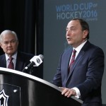 NHL Commissioner Gary Bettman, right, and NHL Player's Association Executive Director Donald Fehr take part in announcing the return of the World Cup of Hockey in 2016 in Toronto, during a news conference at Nationwide Arena in Columbus, Ohio, before the NHL All-Star hockey skills competition, Saturday, Jan. 24, 2015. (AP Photo/Gene J. Puskar)