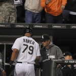  Chicago White Sox's Jose Abreu (79) celebrates with manager Robin Ventura, right, in the dugout after hitting a solo home run during the seventh inning of a baseball game against the Arizona Diamondbacks in Chicago, Friday, May 9, 2014. (AP Photo/Paul Beaty)