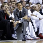 Miami Heat head coach Erik Spoelstra looks at his team during the first half in Game 3 of the NBA basketball finals against the San Antonio Spurs, Tuesday, June 10, 2014, in Miami. (AP Photo/Wilfredo Lee)