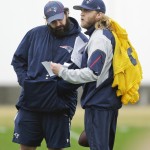 New England Patriots defensive coordinator Matt Patricia, left, talks with coaching assistant Steve Belichick, right, during practice Friday, Jan. 30, 2015, in Tempe, Ariz. The Patriots play the Seattle Seahawks in NFL football Super Bowl XLIX Sunday, Feb. 1. (AP Photo/Mark Humphrey)