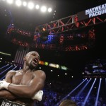 Floyd Mayweather Jr., reacts after the welterweight title fight against Manny Pacquiao, from the Philippines, on Saturday, May 2, 2015 in Las Vegas. (AP Photo/Isaac Brekken)