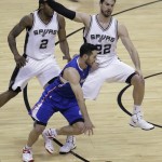 Los Angeles Clippers' J.J. Redick, center, drives around San Antonio Spurs' Kawhi Leonard (2) and Tiago Splitter (22) during the first half of Game 6 in an NBA basketball first-round playoff series, Thursday, April 30, 2015, in San Antonio. (AP Photo/Eric Gay)