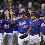 New York Mets closer Jeurys Familia (27) celebrates with teammates after the Mets defeated the Arizona Diamondbacks 4-2 in a baseball game Friday, July 10, 2015, in New York. (AP Photo/Bill Kostroun)
