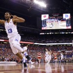 Duke players celebrate after the NCAA Final Four college basketball tournament championship game against Wisconsin Monday, April 6, 2015, in Indianapolis. (AP Photo/David J. Phillip)
