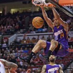Phoenix Suns guard Gerald Green dunks against the Portland Trail Blazers during the second quarter of an NBA basketball game in Portland, Ore., Monday, March 30, 2015. (AP Photo/Craig Mitchelldyer)