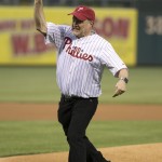 CNBC's Mad Money host Jim Cramer tosses out the ceremonial first pitch before a baseball game between the Arizona Diamondbacks and the Philadelphia Phillies, Saturday, May 16, 2015, in Philadelphia. (AP Photo/Chris Szagola)