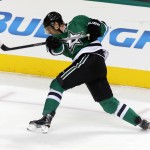 Dallas Stars' right Wing Ales Hemsky (83), of the Czech Republic, scores in the third period of an NHL hockey game against the Arizona Coyotes, Wednesday, Dec. 31, 2014, in Dallas. (AP Photo/Sharon Ellman)