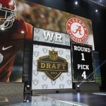 NFL commissioner Roger Goodell announces after the Oakland Raiders selects Alabama wide receiver Amari Cooper as the fourth pick in the first round of the 2015 NFL Draft, Thursday, April 30, 2015, in Chicago. (AP Photo/Charles Rex Arbogast)