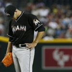 Miami Marlins' Jose Fernandez reacts after seeing manager Mike Redmond emerge from the dugout to pullhim against the Arizona Diamondbacks during the eighth inning of a baseball game on Wednesday, June 19, 2013, in Phoenix. The Diamondbacks defeated the Marlins 3-1. (AP Photo/Ross D. Franklin)