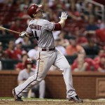 Arizona Diamondbacks' Paul Goldschmidt (44) watches his solo home run in the ninth inning of a baseball game against the St. Louis Cardinals, Thursday, Aug. 16, 2012 in St. Louis. The Diamondbacks won 2-1. (AP Photo/Tom Gannam)