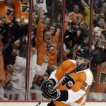 Philadelphia Flyers' James van Riemsdyk celebrates after scoring a goal in the second period of an NHL hockey game against the Phoenix Coyotes, Thursday, Nov. 17, 2011, in Philadelphia. (AP Photo/Matt Slocum)
