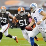 Cleveland Browns linebacker Barkevious Mingo (51) chases Detroit Lions quarterback Matthew Stafford (9) in the second quarter of an NFL football game Sunday, Oct. 13, 2013 in Cleveland. (AP Photo/David Richard)