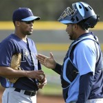 Tampa Bay Rays catcher Jose Molina, right, works with pitcher Juan Sandoval during a spring training baseball workout Saturday, Feb. 16, 2013, in Port Charlotte, Fla. (AP Photo/Chris O'Meara)
