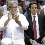 Miami Heat Owner Micky Arison and Miami Heat head coach Erik Spoelstra are seen after the second half of Game 7 in their NBA basketball Eastern Conference finals playoff series against the Indiana Pacers, Monday, June 3, 2013 in Miami. The Heat defeated the Pacers 99-76 to advance to the NBA finals against the San Antonio Spurs. (AP Photo/Lynne Sladky)