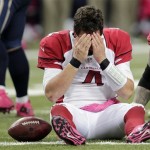 Arizona Cardinals quarterback Kevin Kolb reacts after being sacked during the third quarter of an NFL football game against the St. Louis Rams, Thursday, Oct. 4, 2012, in St. Louis. The Rams won 17-3. (AP Photo/Tom Gannam)