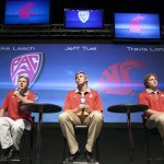 Washington State head coach Mike Leach, left, 
quarterback Jeff Tuel, center, and defensive 
end Travis Long take question at the Pac-12 
college football media day in Los Angeles, 
Tuesday, July 24, 2012. (AP Photo/Damian 
Dovarganes)