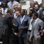 President Barack Obama greets retired Baltimore Ravens football linebacker Ray Lewis on the South Lawn of the White House in Washington, Wednesday, June 5, 2013, during a ceremony where the president honored the Super Bowl XLVII champion Ravens. The Ravens defeated the San Francisco 49ers in Super Bowl XLVII. (AP Photo/Evan Vucci)