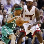 Miami Heat's LeBron James (6) defends against Boston Celtics' Courtney Lee (11) during the first half of their NBA basketball game, Tuesday, Oct. 30, 2012, in Miami. (AP Photo/J Pat Carter)