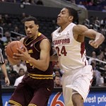 Arizona State's Trent Lockett, left, is pressured by Stanford's Josh Huestis (24) during the first half of an NCAA college basketball game at the Pac-12 Conference tournament in Los Angeles, Wednesday, March 7, 2012. (AP Photo/Jae C. Hong)