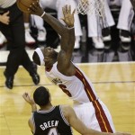 Miami Heat small forward LeBron James (6) shoots against San Antonio Spurs shooting guard Danny Green (4) during the second half of Game 2 of the NBA Finals basketball game, Sunday, June 9, 2013 in Miami. (AP Photo/Wilfredo Lee)