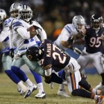 Chicago Bears cornerback Sherrick McManis (27) tackles Dallas Cowboys wide receiver Dwayne Harris (17) during the first half of an NFL football game, Monday, Dec. 9, 2013, in Chicago. (AP Photo/Nam Y. Huh)