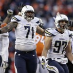 San Diego Chargers inside linebacker Bront Bird (97) and San Diego Chargers defensive tackle Lawrence Guy (71) react after a Denver Broncos field goal in the third quarter of an NFL AFC division playoff football game, Sunday, Jan. 12, 2014, in Denver. (AP Photo/Charlie Riedel)