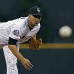 Colorado Rockies starting pitcher Jhoulys Chacin throws during the first inning of a baseball game against the Arizona Diamondbacks at Coors Field in Denver on Friday, April 19, 2013. (AP Photo/Brennan Linsley)
