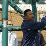 Detroit Tigers third baseman Miguel Cabrera hits in the batting cage before a baseball spring training exhibition game against the Atlanta Braves, Wednesday, Feb. 27, 2013, in Lakeland, Fla. (AP Photo/Charlie Neibergall)