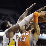 Phoenix Suns' Grant Hill shoots against Indiana Pacers' Roy Hibbert during the first half of an NBA basketball game, Friday, March 23, 2012, in Indianapolis. (AP Photo/Darron Cummings)