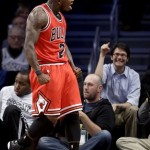 Chicago Bulls guard Nate Robinson (2) reacts after scoring in the first half of Game 5 of their first-round NBA basketball playoff series against the Brooklyn Nets, Monday, April 29, 2013, in New York. (AP Photo/Kathy Willens)